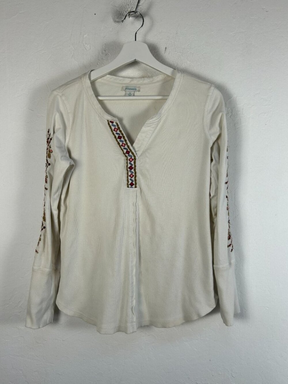 SUNDANCE Womens Ivory Embroidered Thermal Henley Top Long Sleeve Boho Medium